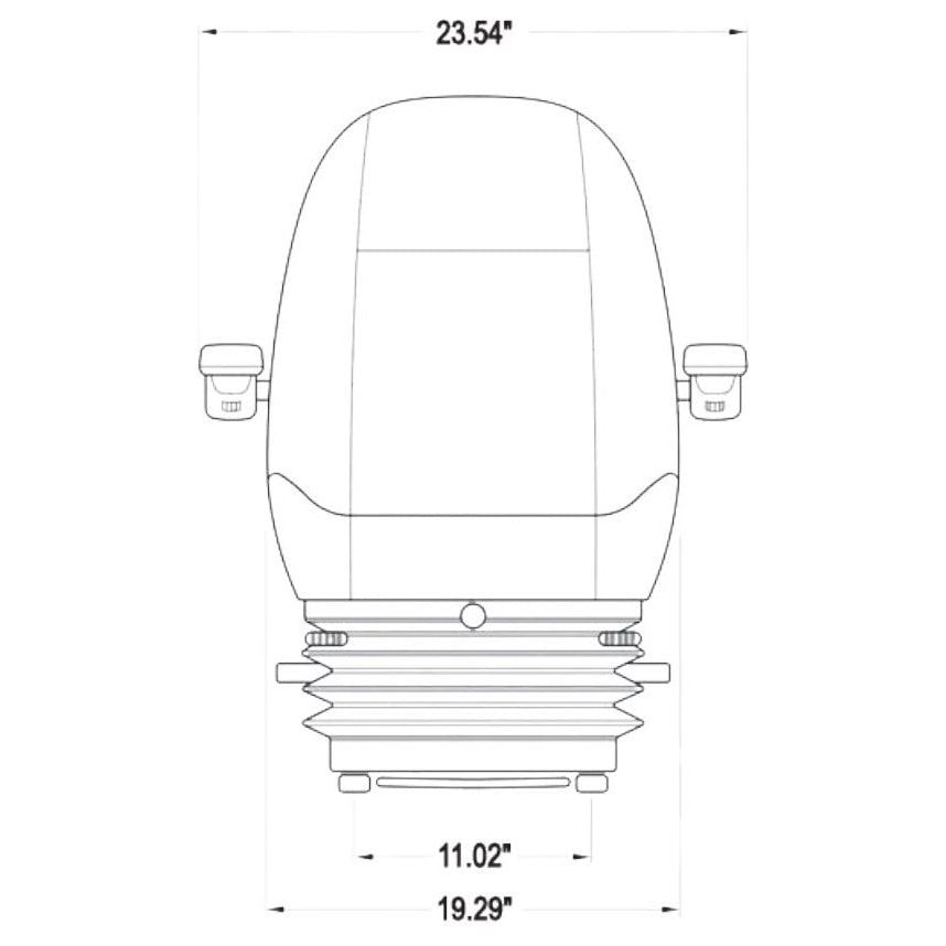 Technical line drawing of a heavy-duty excavator suspension seat with 23.54-inch width and base dimensions.