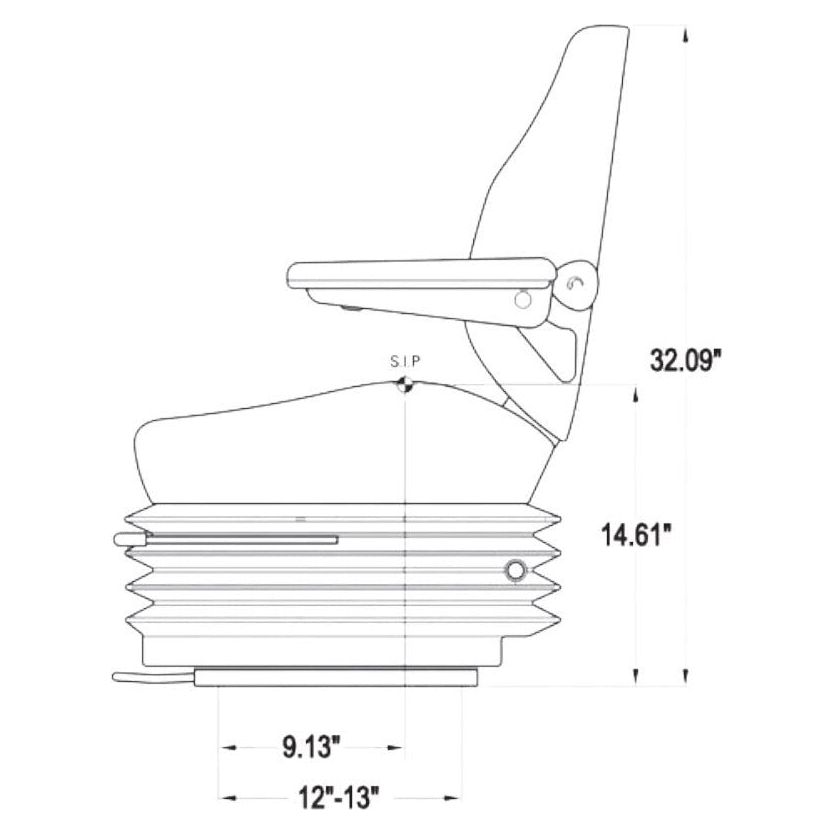 Technical line drawing of a heavy-duty excavator suspension seat with labeled height and mounting dimensions.