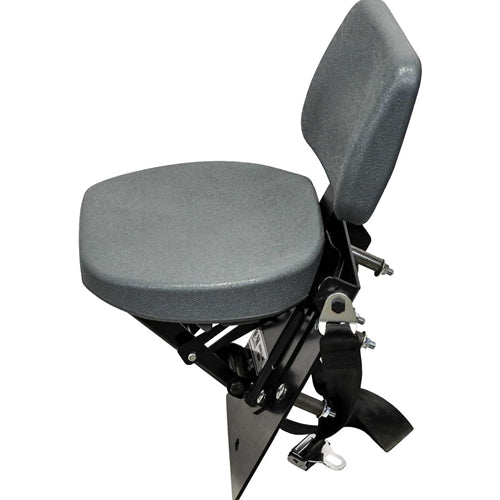 Gray instructional buddy seat for Case IH tractors with durable vacuum-formed cushions, black mounting bracket, and seat belt.