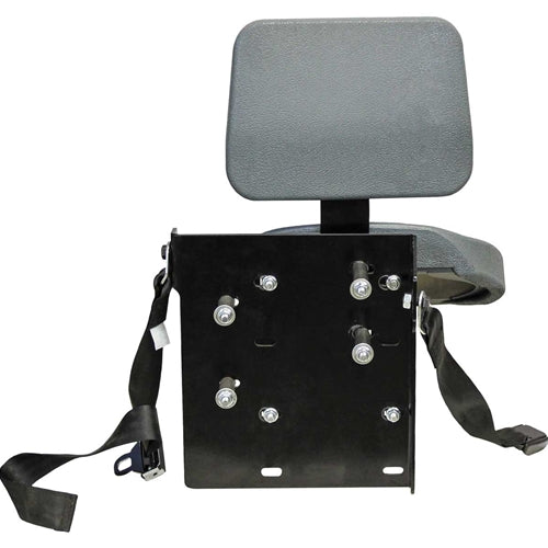 Gray instructional buddy seat for Case IH tractors with black mounting plate, hardware, and safety belt.