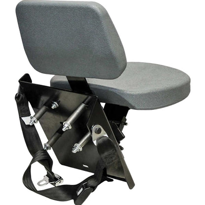 Gray tractor buddy seat with durable cushions, black mounting bracket, and integrated safety belt for Case IH tractors.