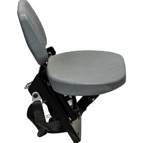 Gray tractor buddy seat with durable vacuum-formed cushions, black mounting bracket, and safety belt for Case IH tractors.
