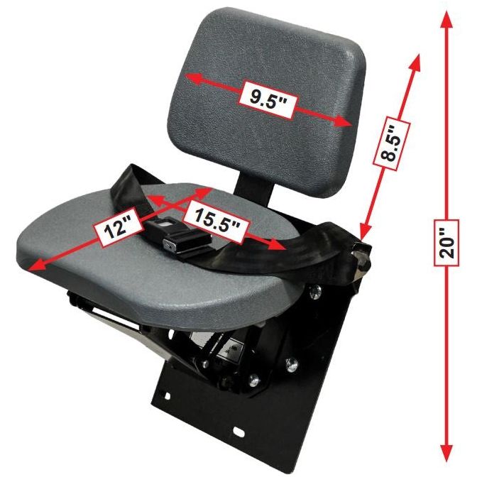 Gray tractor buddy seat with black seat belt, mounting bracket, and red dimension labels on a white background.