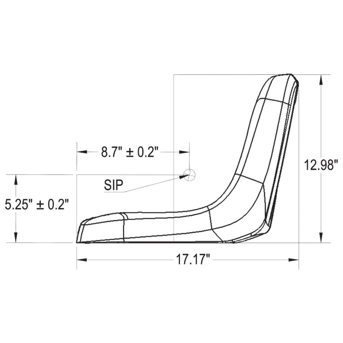 Technical side-profile diagram of a high-back tractor seat for MTD with dimensions showing 17.17-inch length and 12.98-inch height.