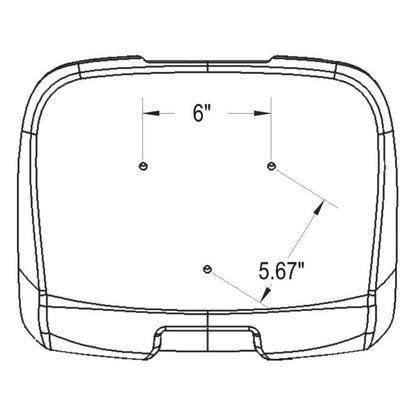 Black and white technical diagram of a high back tractor seat with 6-inch by 5.67-inch mounting hole dimensions.