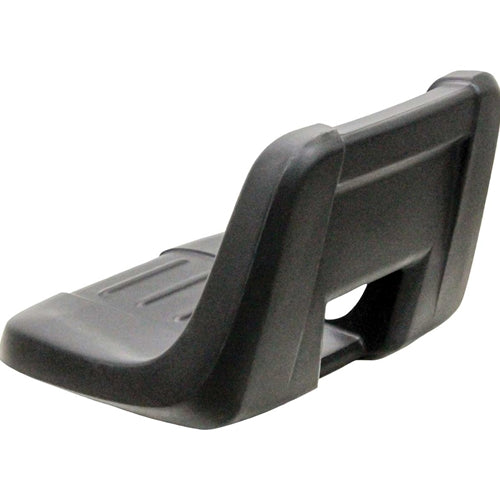 Black high-back tractor seat made of durable molded plastic with a contoured ergonomic design for MTD mowers.