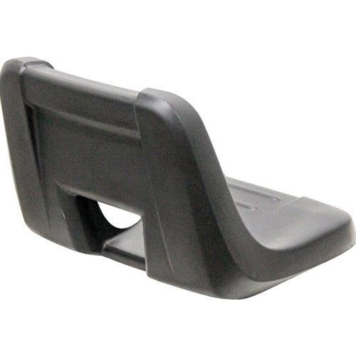 Black high-back replacement tractor seat for MTD, featuring a durable contoured plastic design with a rear drainage hole.