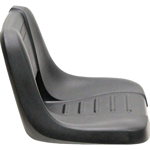 Black high-back tractor seat made of durable molded plastic with a contoured ergonomic design for MTD mowers.