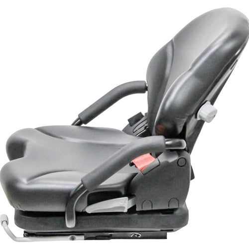 Black vinyl suspension seat for skid loaders and forklifts with adjustable armrests and a contoured backrest.