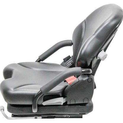 Black vinyl suspension seat for skid loaders and forklifts with adjustable armrests and a contoured backrest.