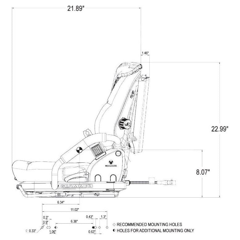Technical line drawing of a suspension seat for skid loaders and forklifts showing side profile dimensions in inches.