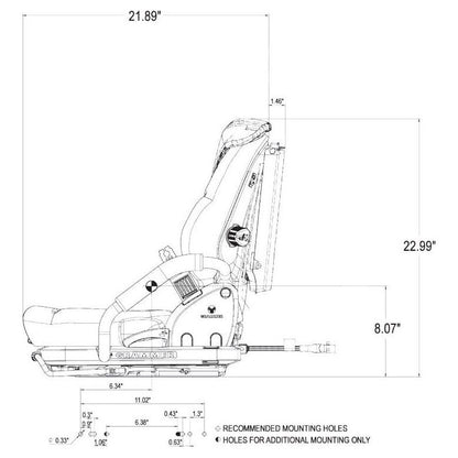 Technical line drawing of a suspension seat for skid loaders and forklifts showing side profile dimensions in inches.