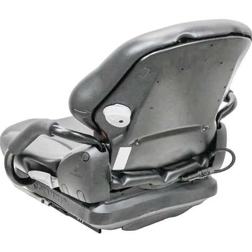 Black vinyl suspension seat for skid loaders and forklifts with adjustable armrests and back support.