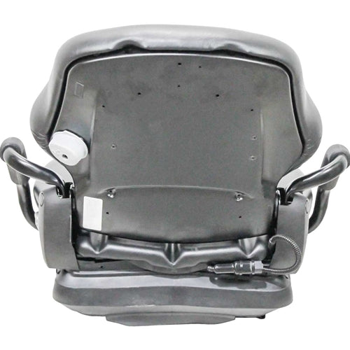 Black heavy-duty suspension seat for skid loaders and forklifts with integrated armrests and adjustable back design.
