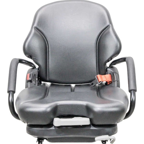 Black vinyl suspension seat for skid loaders and forklifts with adjustable armrests and a red seatbelt.