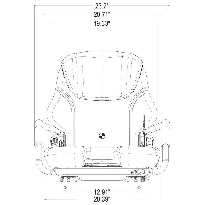 Technical line drawing of a suspension seat for skid loaders and forklifts with labeled width dimensions in inches.