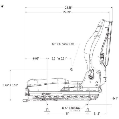 Technical side-view diagram of a black suspension tractor seat with detailed dimensions for skid steers and excavators.