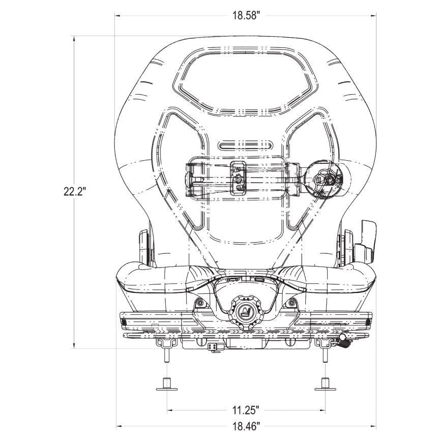Technical line drawing of a heavy-duty suspension tractor seat with dimensions 18.58 inches wide by 22.2 inches high.