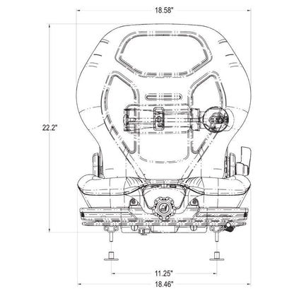 Technical line drawing of a heavy-duty suspension tractor seat with dimensions 18.58 inches wide by 22.2 inches high.