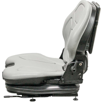 Gray heavy-duty suspension seat for skid steers and tractors with a contoured backrest and adjustable black metal base.