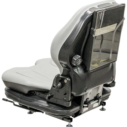 Grey and black suspension seat for heavy equipment with adjustable backrest, document holder, and mounting base.