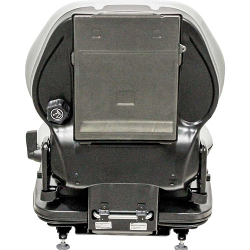 Black heavy-duty suspension seat for skid steers and tractors with adjustable backrest and manual control knob.