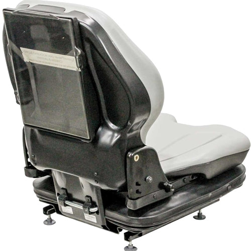 Gray and black heavy-duty suspension seat for skid steers and tractors with a rear document storage pocket.