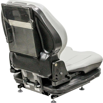 Gray and black heavy-duty suspension seat for skid steers and tractors with a rear document storage pocket.