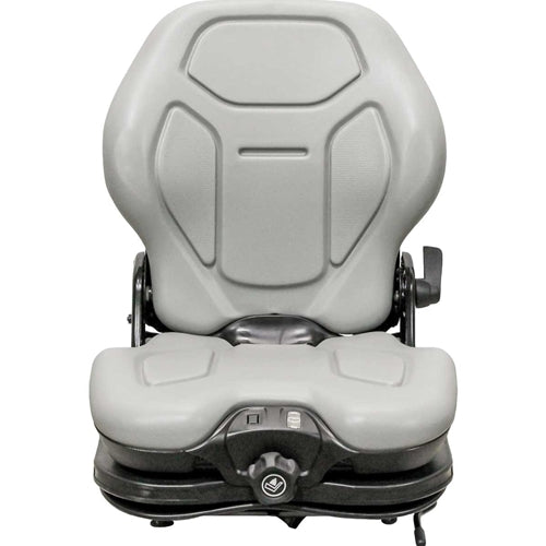 Gray heavy-duty suspension seat for skid steers and tractors with an ergonomic molded design and adjustment knob.
