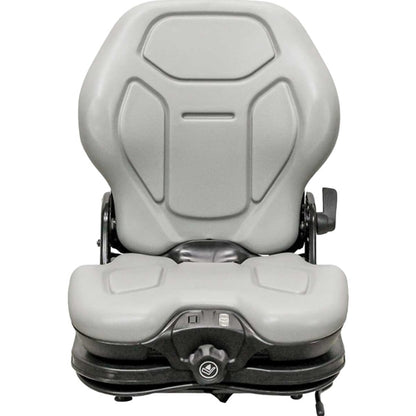 Gray heavy-duty suspension seat for skid steers and tractors with an ergonomic molded design and adjustment knob.