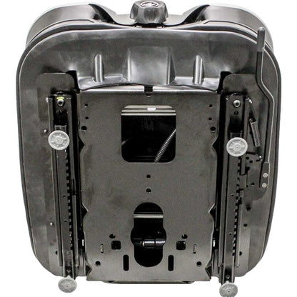 Black universal suspension seat for heavy equipment featuring a durable metal base, adjustment rails, and control lever.