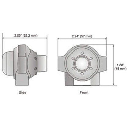 Technical line drawing showing side and front dimensions of a compact, ball-swivel waterproof observation camera.
