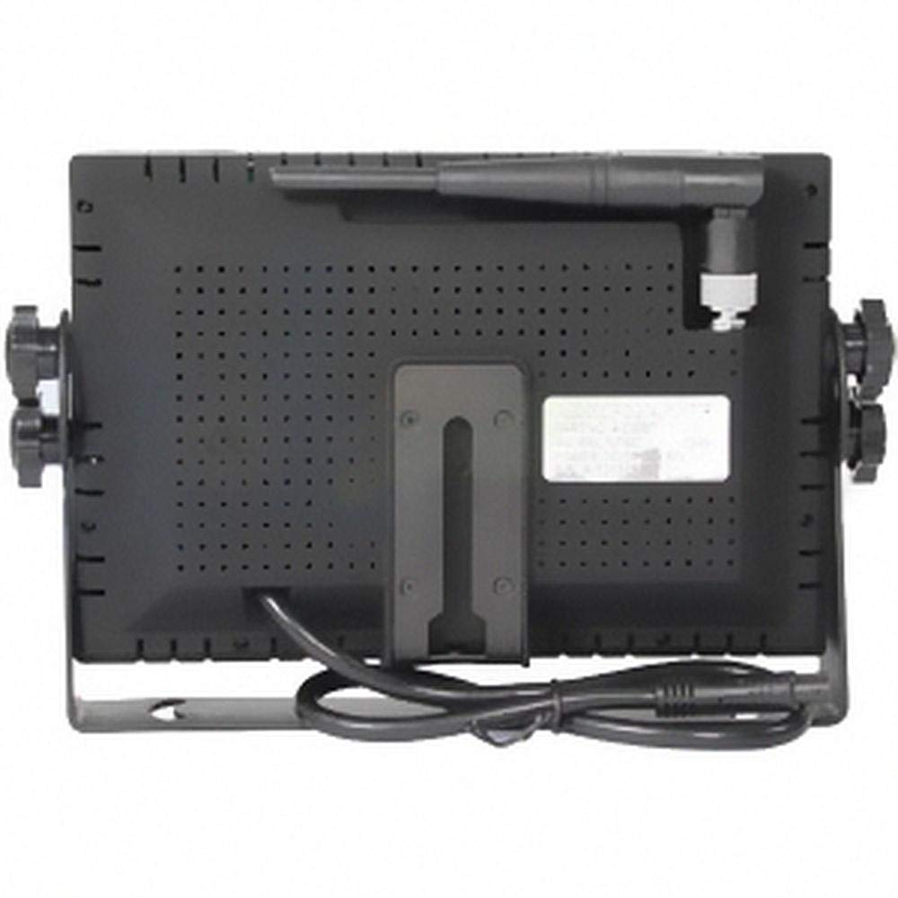 Back view of a black 7-inch CabCAM wireless monitor with an attached antenna, mounting bracket, and power cable.
