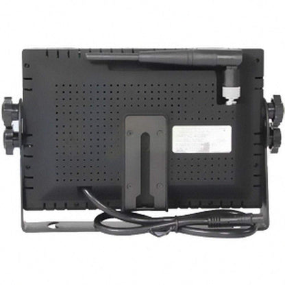 Back view of a black 7-inch CabCAM wireless monitor with an attached antenna, mounting bracket, and power cable.