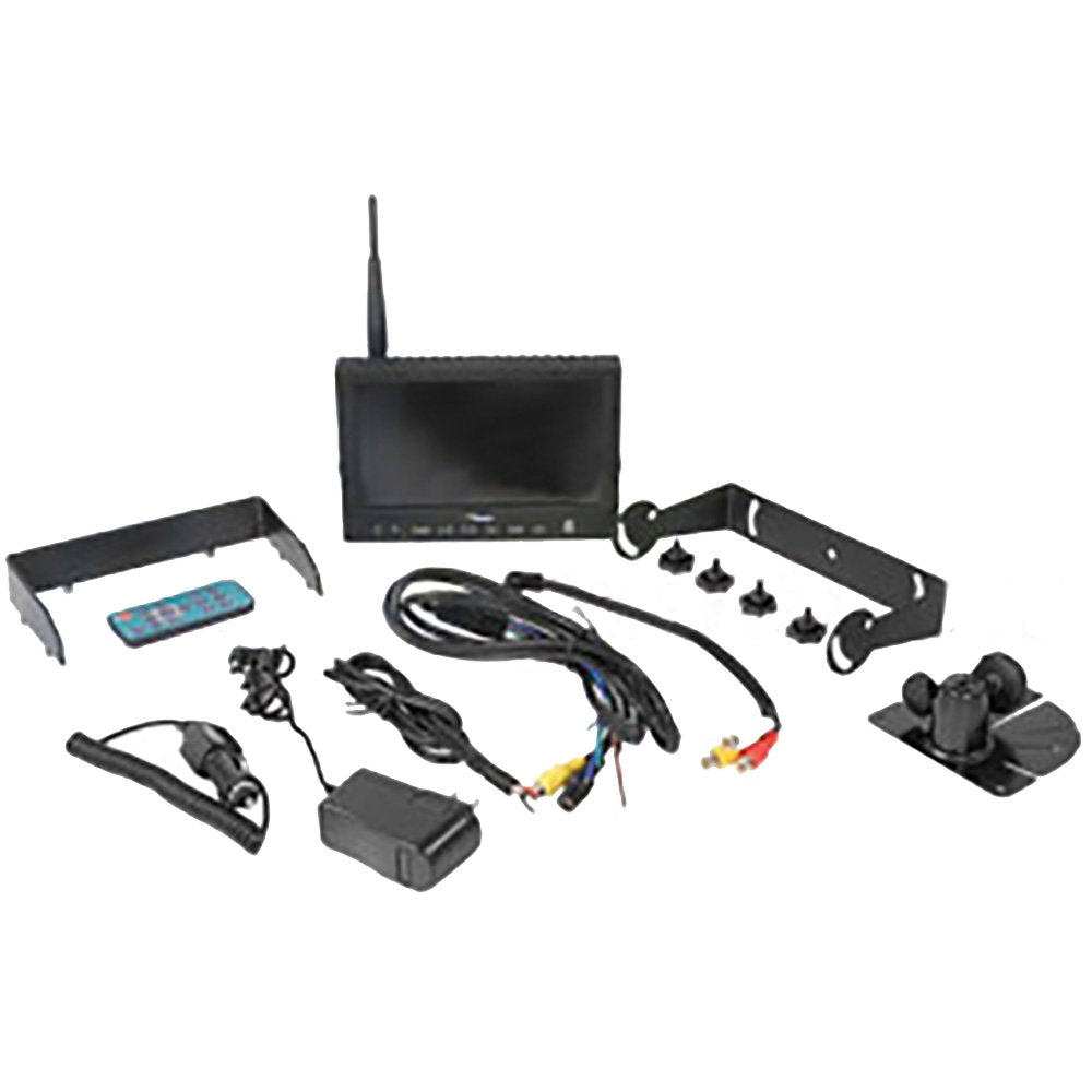 7-inch wireless CabCAM monitor with antenna, remote, mounting brackets, and power cables on white background.