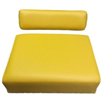 Yellow vinyl 20-5/8 inch tractor seat cushion set with wood back for John Deere vintage tractors.