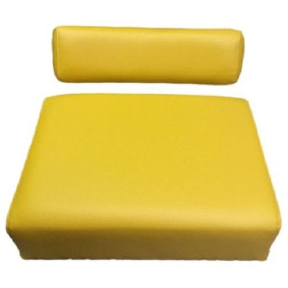 Four-piece yellow vinyl tractor seat cushion set with wood back, 22-1/4 inch size for John Deere tractors.