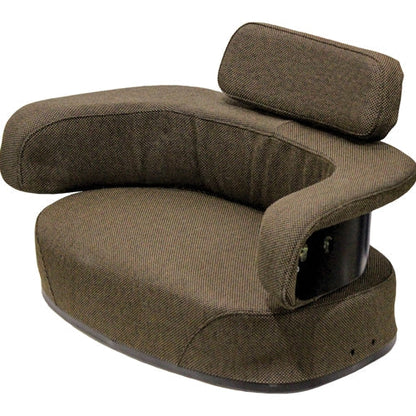 Three-piece brown fabric tractor seat cushion set with thick foam padding for John Deere equipment.