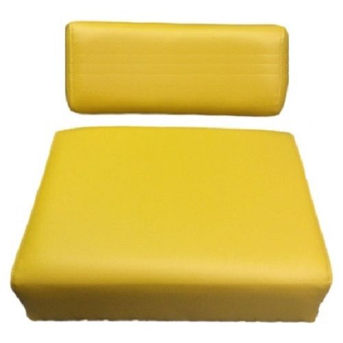 Four-piece yellow vinyl tractor seat cushion set with wood back for John Deere, 22-1/4 inch size.