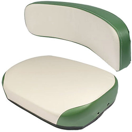 Two-piece green and white vinyl tractor seat cushion set for Oliver and White tractors with durable hand-stitched design.
