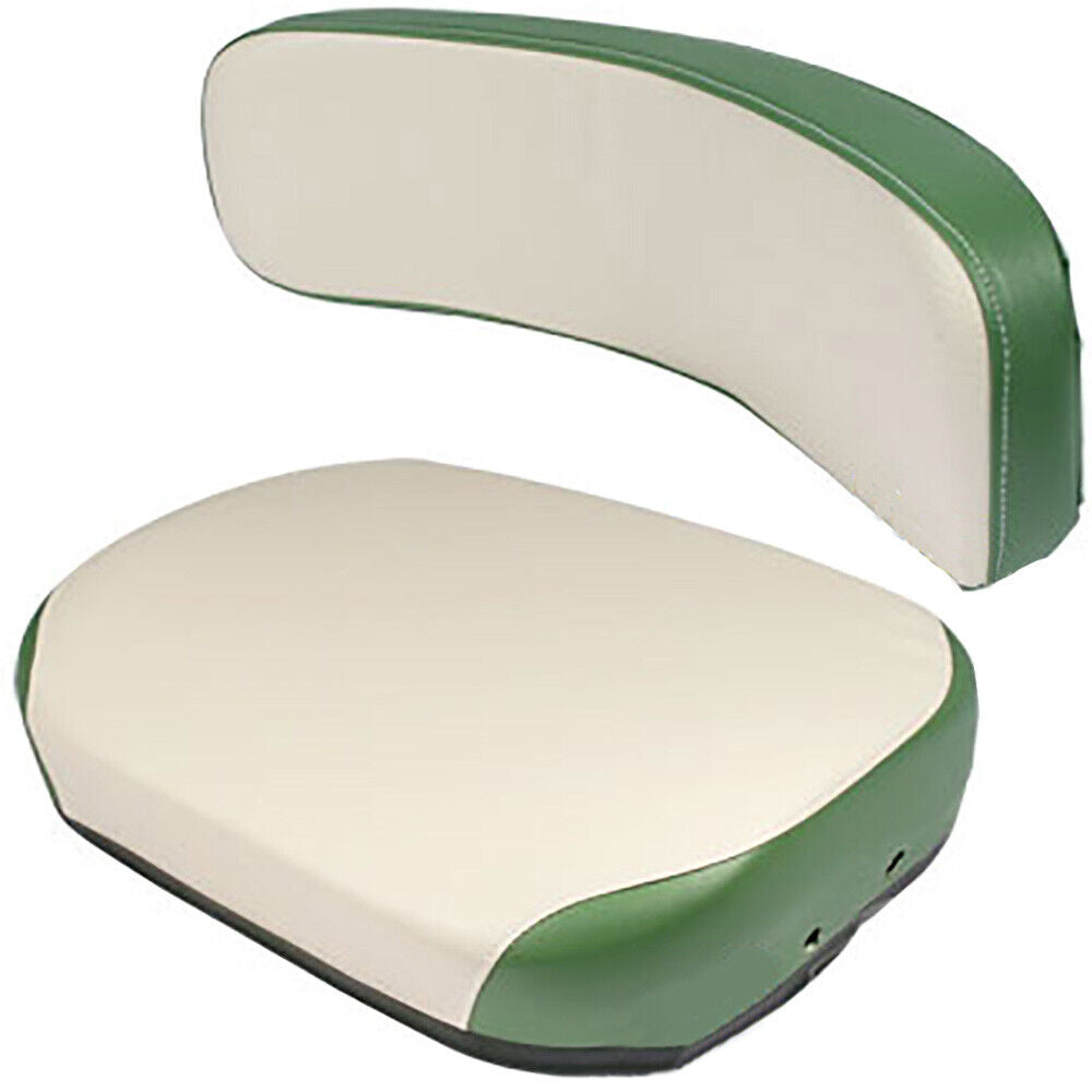 Two-piece green and white vinyl tractor seat cushion set for Oliver and White tractors with durable hand-stitched design.
