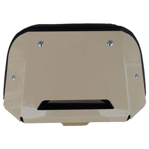 Replacement Allis Chalmers tractor seat with a tan steel backrest and durable black vinyl cushion.