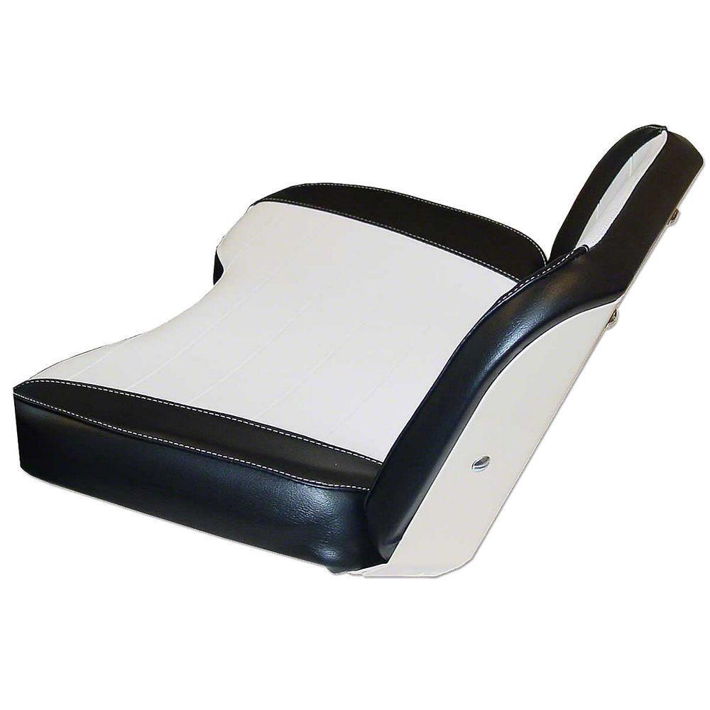 Black and white vinyl tractor seat assembly with contoured cushions and a durable steel frame for Allis Chalmers tractors.