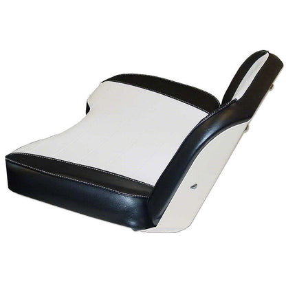 Black and white vinyl tractor seat assembly with contoured cushions and a durable steel frame for Allis Chalmers tractors.