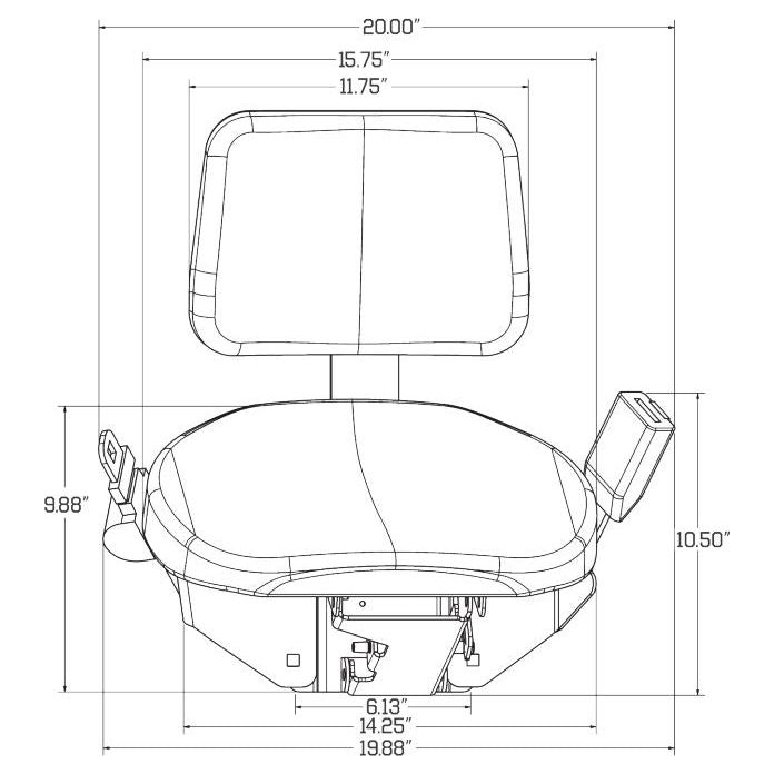 Technical line drawing of a gray Case IH tractor buddy seat with dimensions, seat belt, and mounting brackets.