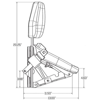 Technical line drawing of a Case IH tractor buddy seat with dimensions, showing side profile, backrest, and seat belt.