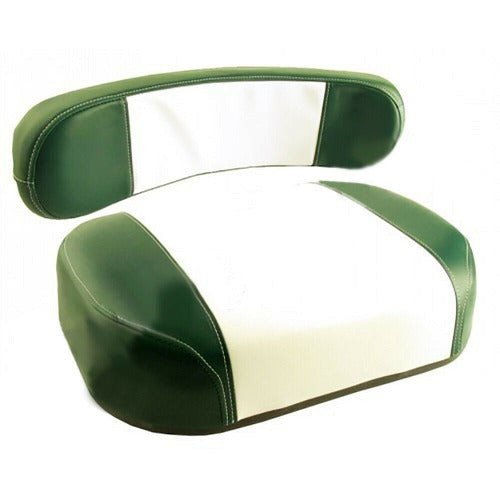 Two-piece green and white vinyl tractor seat cushion set with durable stitched detailing for vintage tractors.