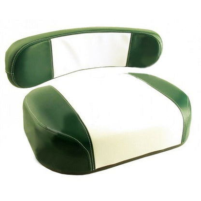 Two-piece green and white vinyl tractor seat cushion set with durable stitched detailing for vintage tractors.