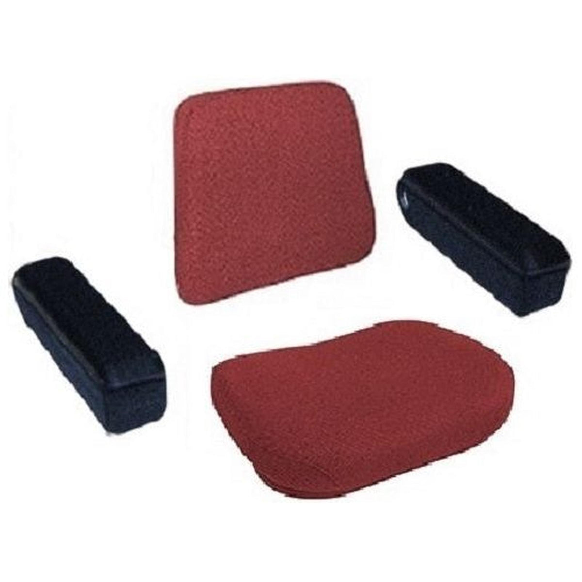 Four-piece brown fabric tractor seat cushion set with steel back and black armrests for Case and International tractors.