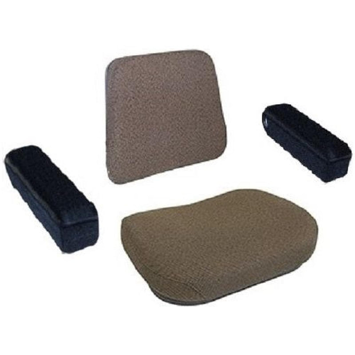 Four-piece brown fabric tractor seat cushion set with steel back and black armrests for Case and International tractors.